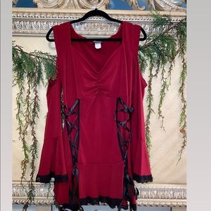 Dare To Wear 5X burgundy top with black lace up detail and cut out sleeves